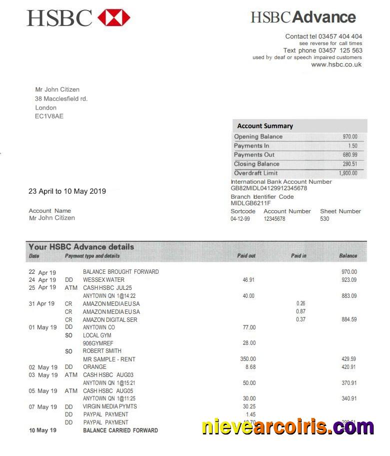 United Kingdom HSBC bank proof of address statement in PSD format, fully editable